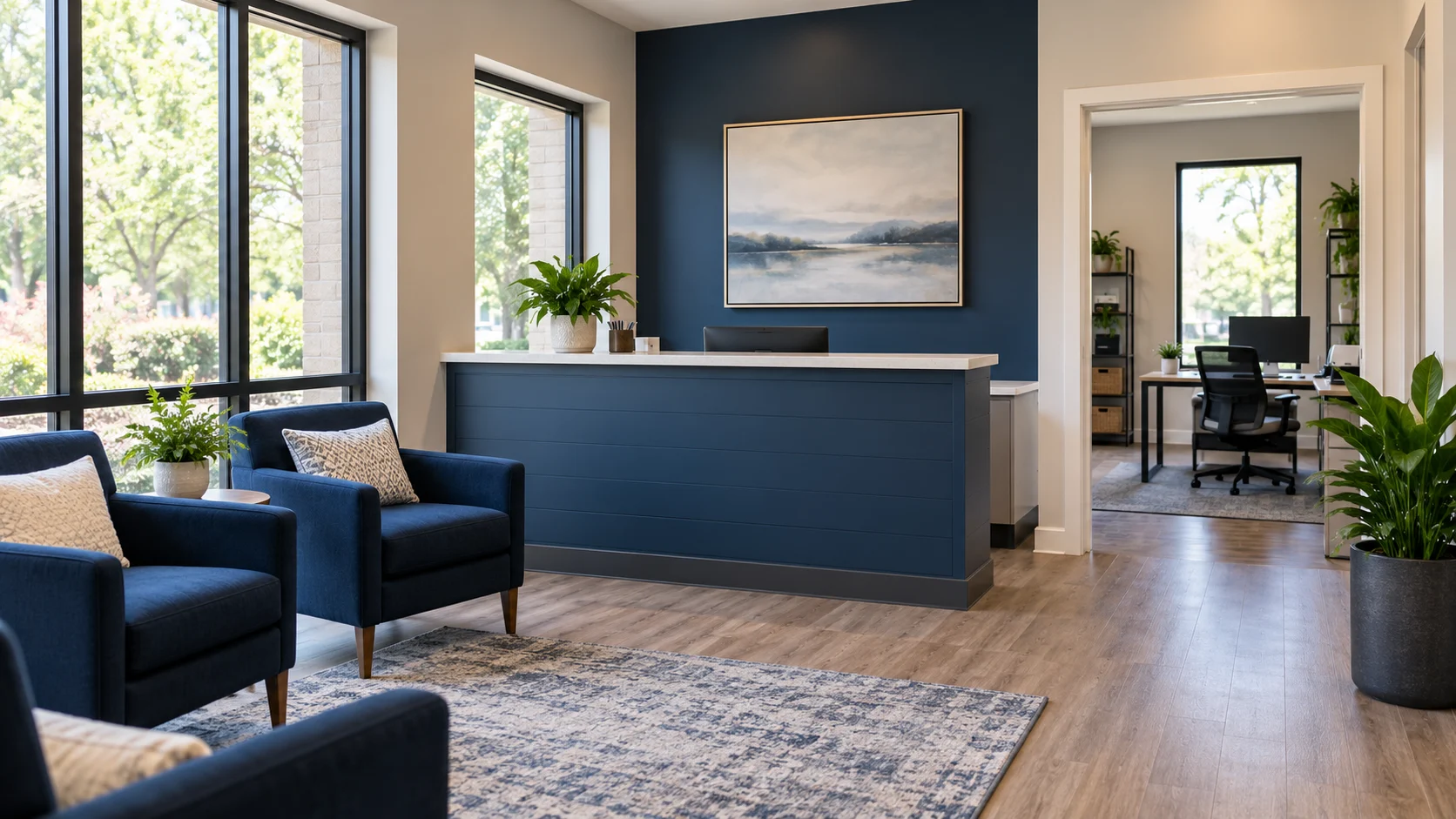 A welcoming office reception with clean floors and blue furnishings